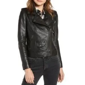 Treasure And Bond Nordstrom 100% Leather Minimalist Plaid Lined Jacket Fitted Xs